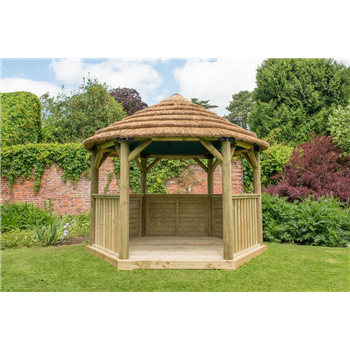 3.6m Hexagonal Wooden Garden Gazebo with Thatched Roof available Furnished with Table, Benches and Cushions  