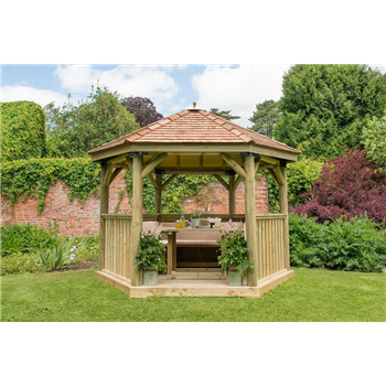 3.6m Hexagonal Wooden Garden Gazebo with Cedar Roof - Available Furnished with Table, Benches and Cushions  