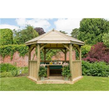  3.6m Hexagonal Wooden Garden Gazebo with timber Roof - Available Furnished with Table, Benches and Cushions 