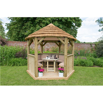 3m Hexagonal Wooden Garden Gazebo with Thatched Roof - Available Furnished with Table, Benches and Cushions 