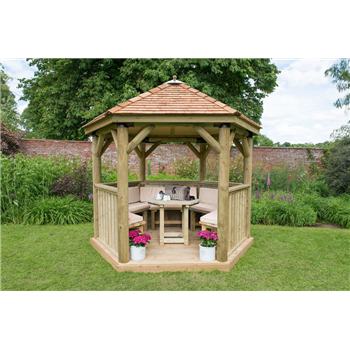 3m Hexagonal Wooden Garden Gazebo with Cedar Roof - Available Furnished with Table, Benches and Cushions  