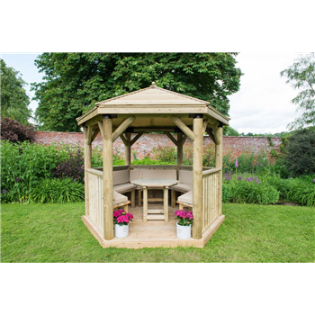 3m Hexagonal Wooden Garden Gazebo with Timber Roof - Available furnished with Table, Benches and Cushions 
