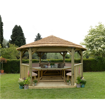 4.7m Hexagonal Wooden Garden Gazebo with Thatched Roof - Furnished with Table, Benches and Cushions  