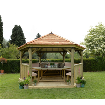 4.7m Hexagonal Wooden Garden Gazebo with Cedar Roof - Furnished with Table, Benches and Cushions or unfurnished