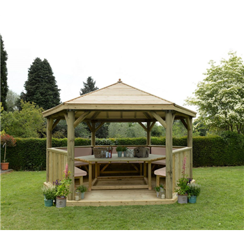4.7m Hexagonal Wooden Garden Gazebo with Timber Roof - Available Furnished with Table, Benches and Cushions  