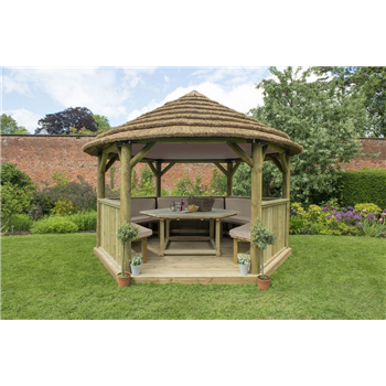 4m Hexagonal Wooden Garden Gazebo with Thatched Roof available Furnished with Table, Benches and Cushions  