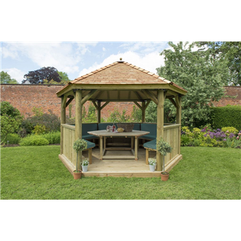 4m Hexagonal Wooden Garden Gazebo with Cedar Roof - Available Furnished with Table, Benches and Cushions  