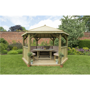4m Hexagonal Wooden Garden Gazebo with Timber Roof - Available furnished with Table, Benches and Cushions 
