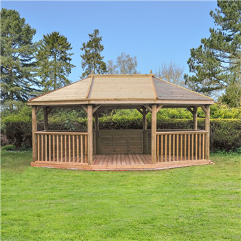 6m Premium Oval Wooden Gazebo with Timber Roof available furnished with benches