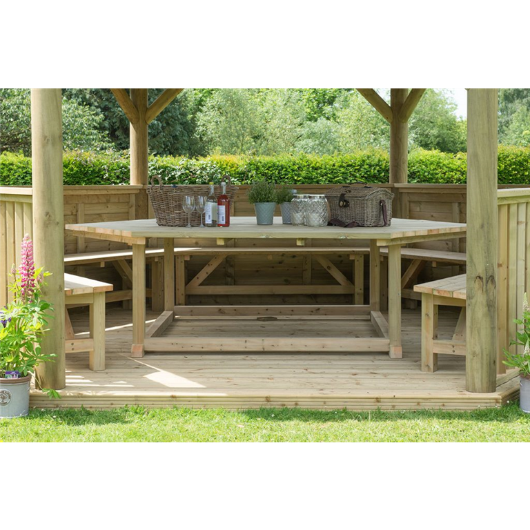 4.7m gazebos with timber roof tables in situ