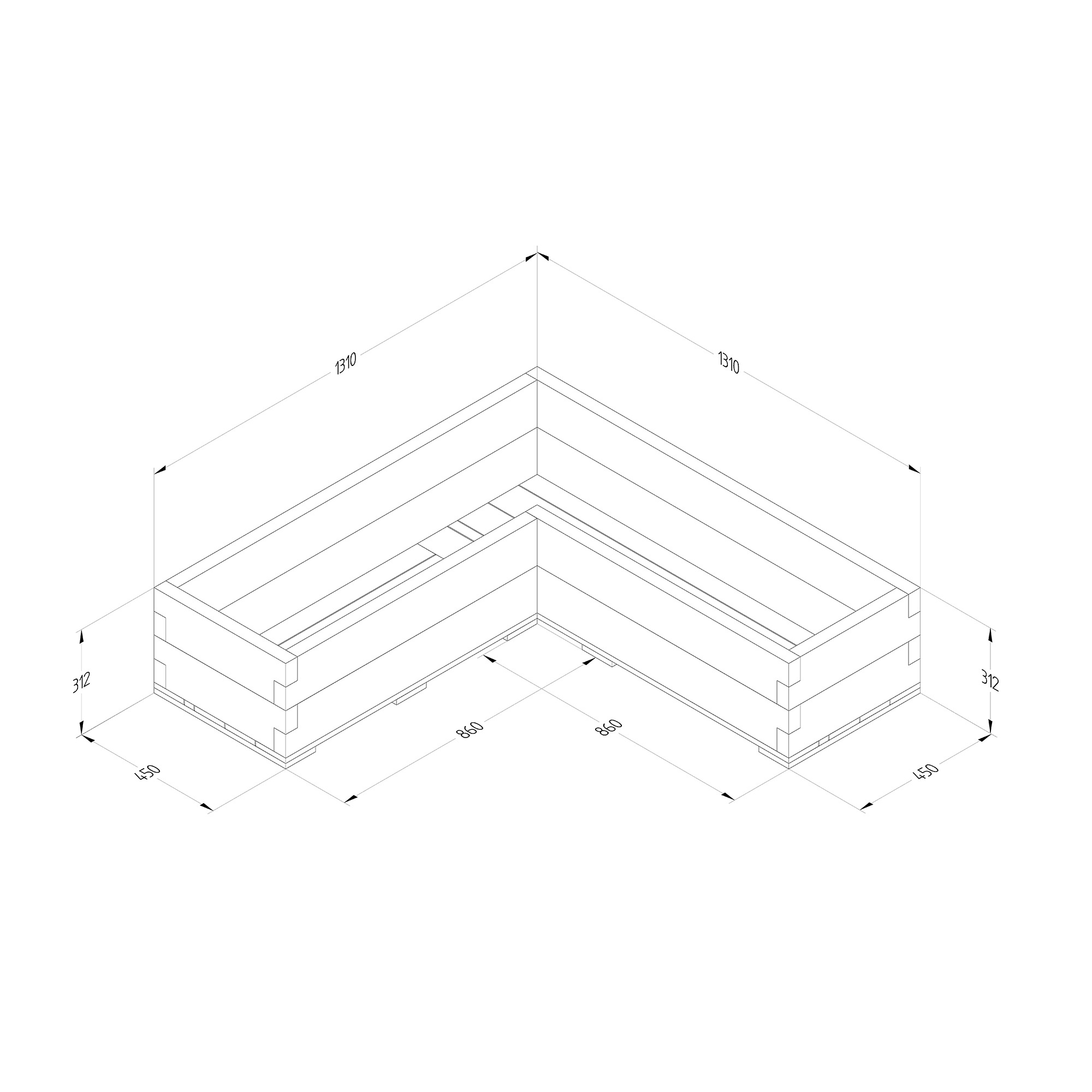 Caledonian corner raised bed with base measurements